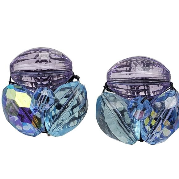 1960s Vogue Clip Earrings Blue Purple AB Beads Pastel Cluster Button Mid Century - Picture 5 of 7